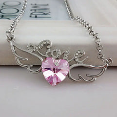 Crystal Heart Necklace - Angel Wings Design